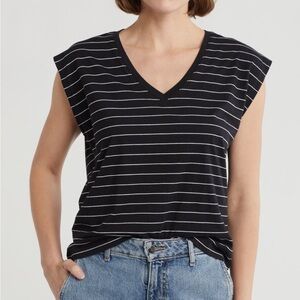 Nordstrom Women’s Prima Cotton V Neck Black & White Striped Cap Sleeve Tee Large